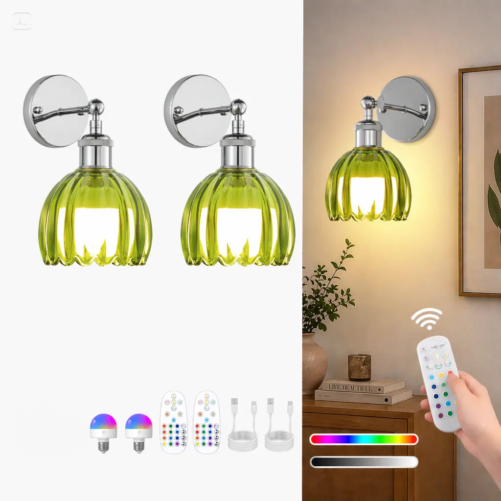 2-Pack Wireless Easy to Install Wall Sconces with Green Glass Shade Battery-Powered, Hardwired Indoor Wall Light Fixtures, Rechargeable RGB Magnetic Bulbs with Remote Control, 3 Temperatures for Living Room, Bedroom, Hallway, Dining Room