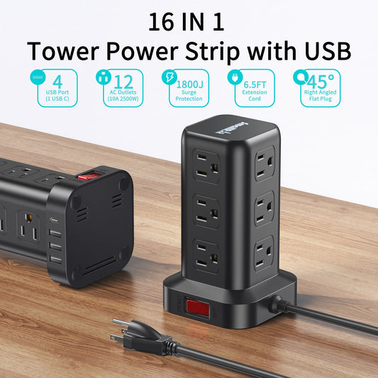 Level up your charging game! ⚡️ Power Strip Tower with 12 Outlets & 4 USB Ports + 6.5Ft Cord - Perfect for all your devices! 🖤🔌 #ChargingStation #SurgeProtector