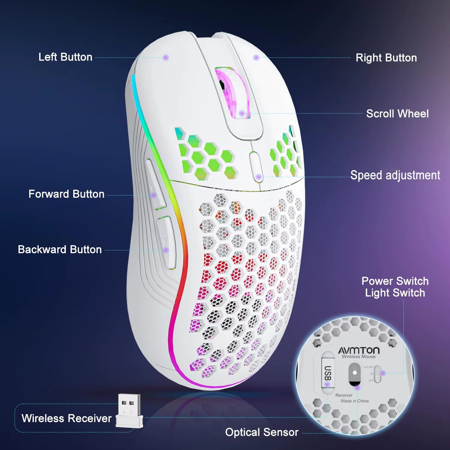 Elevate Your Gaming Experience with the 2.4G Wireless RGB Backlit Mouse - Ergonomic Design, 6 Buttons, and Rechargeable Convenience