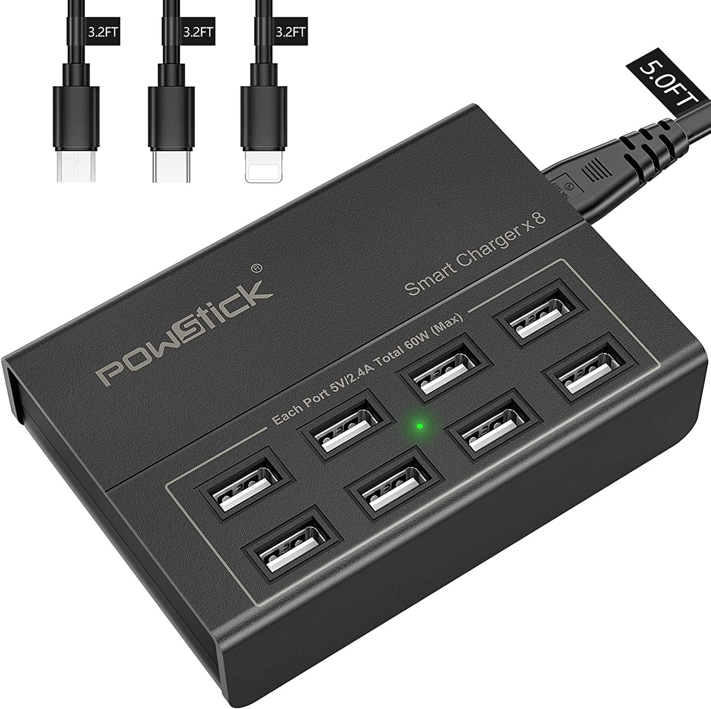8-Port USB Charging Station with 3 Cables - Ideal for Phones, Tablets, and More