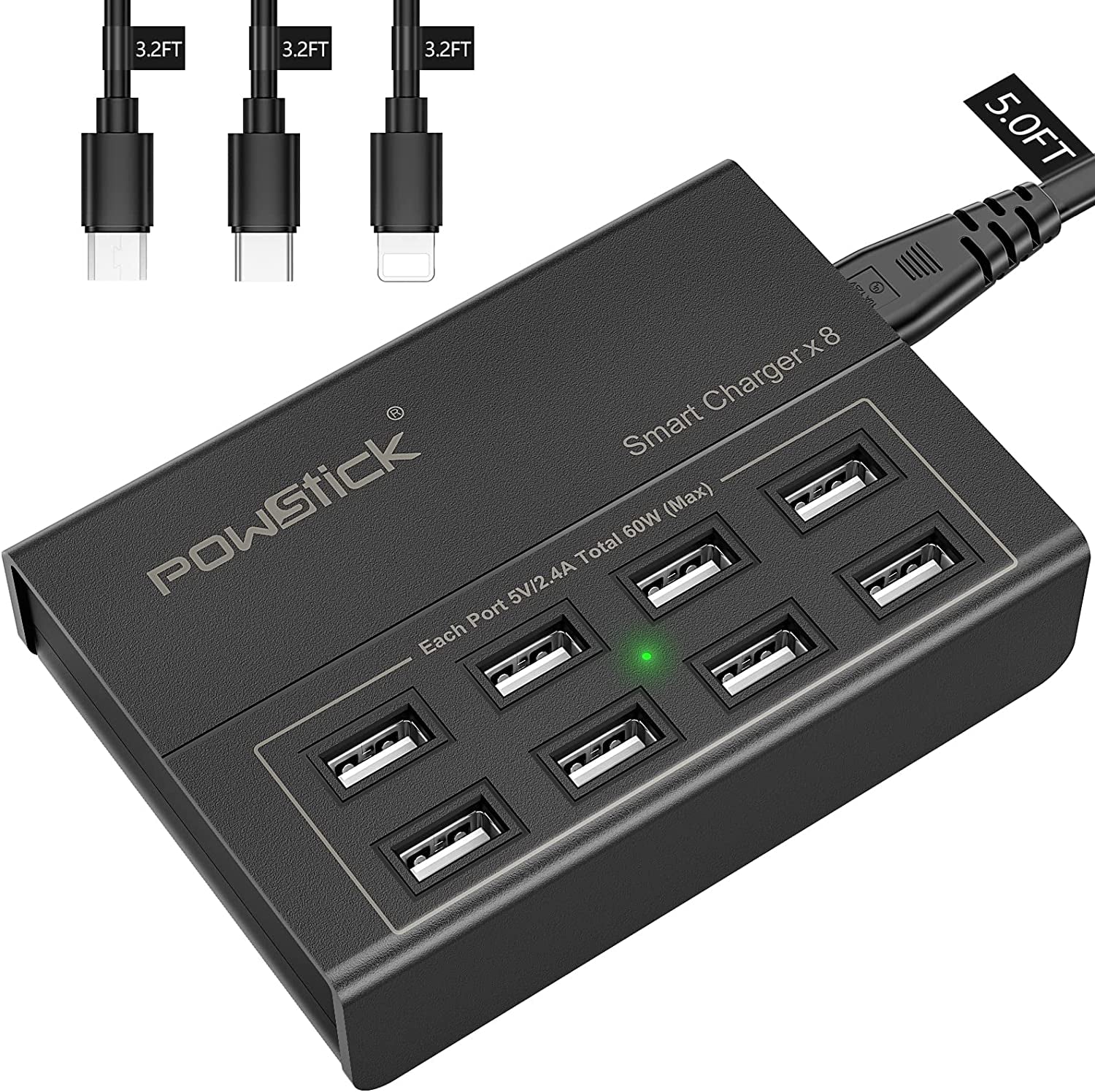 8-Port USB Charging Station with 3 Cables - Ideal for Phones, Tablets, and More