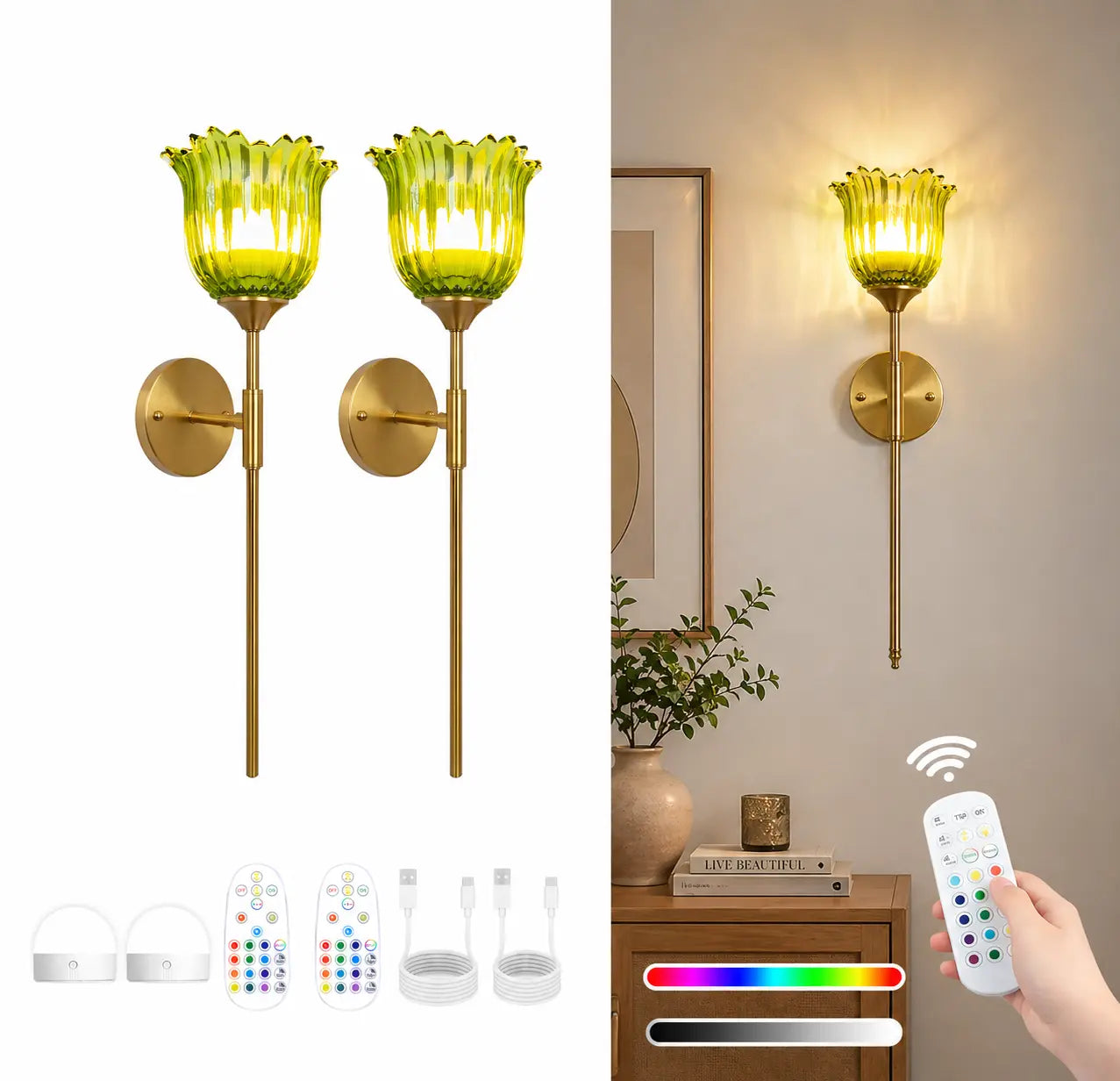2-Pack Wireless Easy to Install Wall Sconces with Green Glass Shade Battery-Powered, Hardwired Indoor Wall Light Fixtures, Rechargeable RGB Magnetic Bulbs with Remote Control, 3 Temperatures for Living Room, Bedroom, Hallway, Dining Room