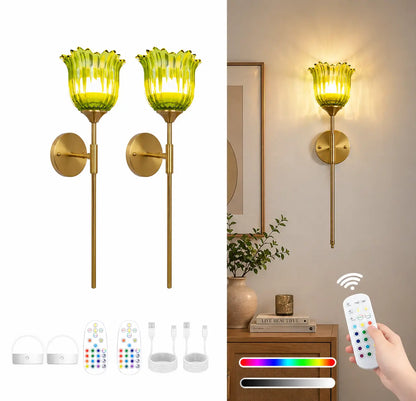 2-Pack Wireless Easy to Install Wall Sconces with Green Glass Shade Battery-Powered, Hardwired Indoor Wall Light Fixtures, Rechargeable RGB Magnetic Bulbs with Remote Control, 3 Temperatures for Living Room, Bedroom, Hallway, Dining Room