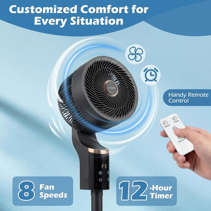 COSTWAY Pedestal Fan for Bedroom, Compact Oscillating Standing Fan with 70° Oscillation, 90° Tilt, 3 Adjustable Heights, 8 Speeds, 12H Timer & Remote, Quiet Table Fan for Home Office