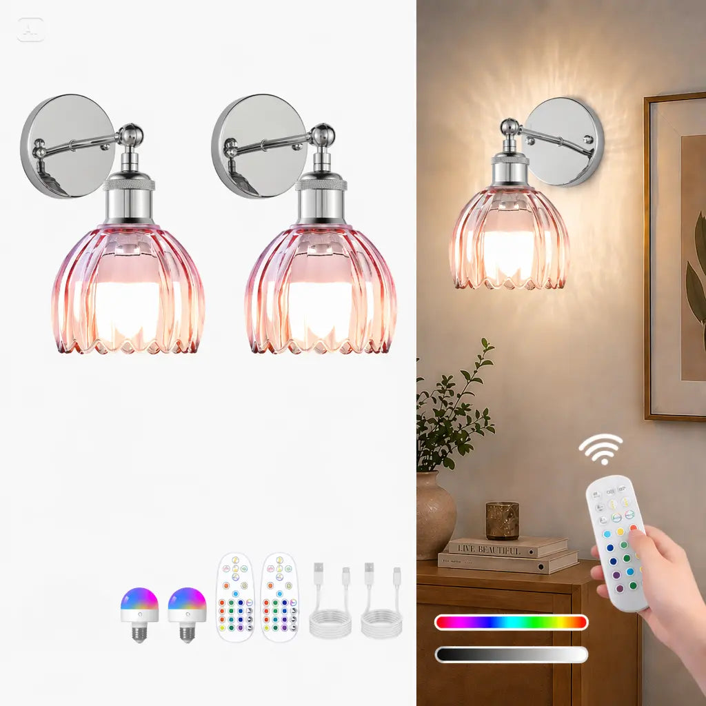 2-Pack Wireless Easy to Install Wall Sconces with Green Glass Shade Battery-Powered, Hardwired Indoor Wall Light Fixtures, Rechargeable RGB Magnetic Bulbs with Remote Control, 3 Temperatures for Living Room, Bedroom, Hallway, Dining Room