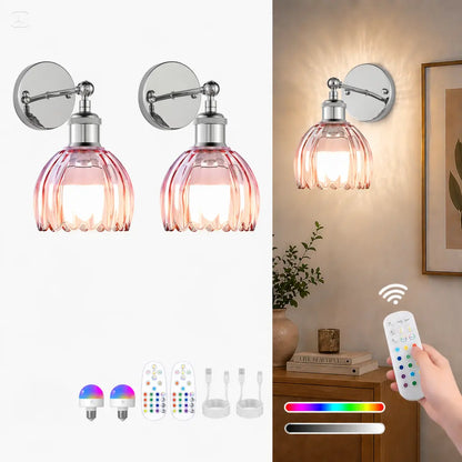 2-Pack Wireless Easy to Install Wall Sconces with Green Glass Shade Battery-Powered, Hardwired Indoor Wall Light Fixtures, Rechargeable RGB Magnetic Bulbs with Remote Control, 3 Temperatures for Living Room, Bedroom, Hallway, Dining Room