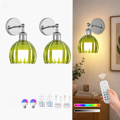 2-Pack Wireless Easy to Install Wall Sconces with Green Glass Shade Battery-Powered, Hardwired Indoor Wall Light Fixtures, Rechargeable RGB Magnetic Bulbs with Remote Control, 3 Temperatures for Living Room, Bedroom, Hallway, Dining Room