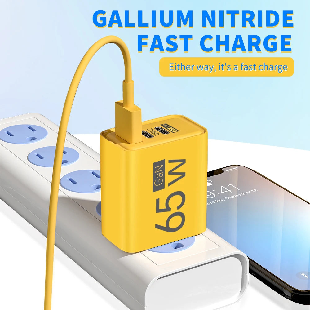 Power Up Anywhere! ⚡️ 65W Gan USB C Fast Charger - 3-in-1 Multi-Port Quick Charge for iPhone, Samsung, Xiaomi & More! 🌍🔌 #TravelCharger #FastCharging