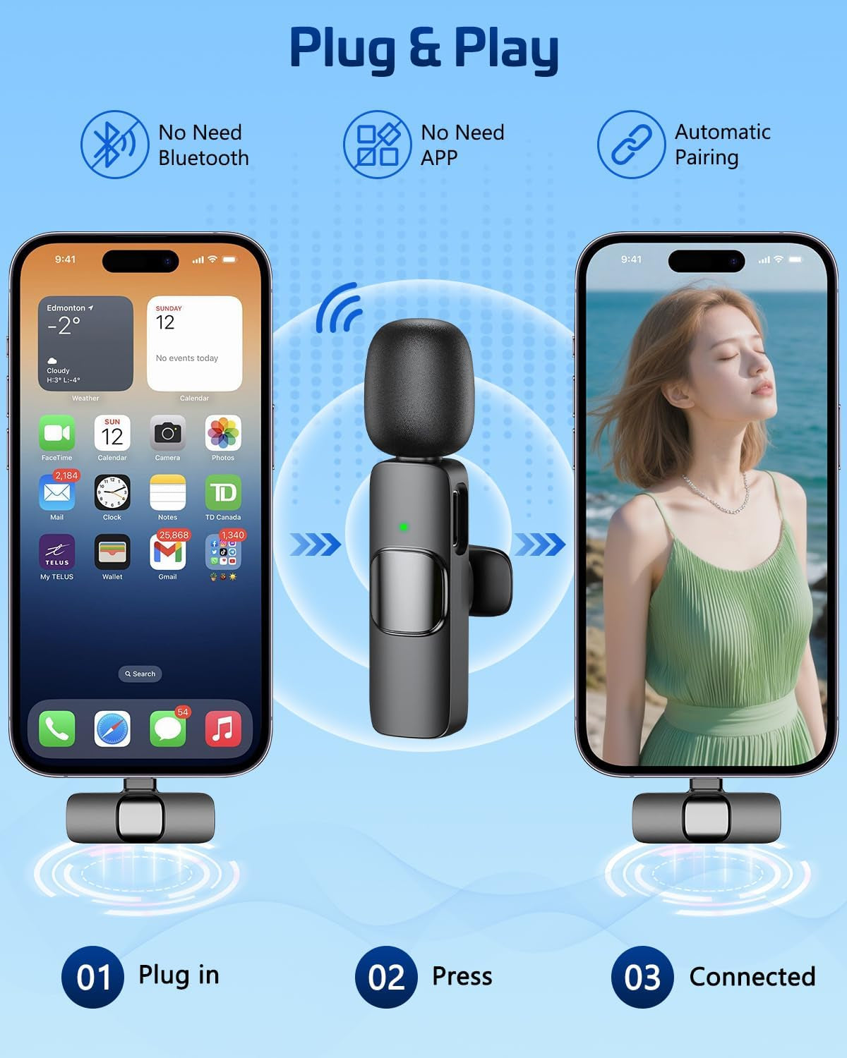 Pink Wireless Lavalier Microphone for Iphone & Android - Mini Clip-On Mic with Noise Cancellation, 65Ft Range, 8H Battery, Usb-C/Lightning - for Tiktok, Youtube, Podcast, Live Streaming