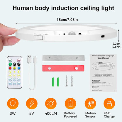 Rechargeable Wireless Sensor Ceiling Light with Remote Control and USB Charging for Versatile Indoor and Outdoor Use