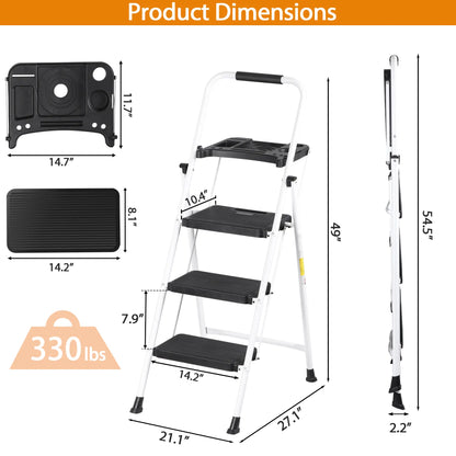 5 Step Ladder Folding Steel Step Stoo W/Non-Slip Wide Pedal and Tool Tray