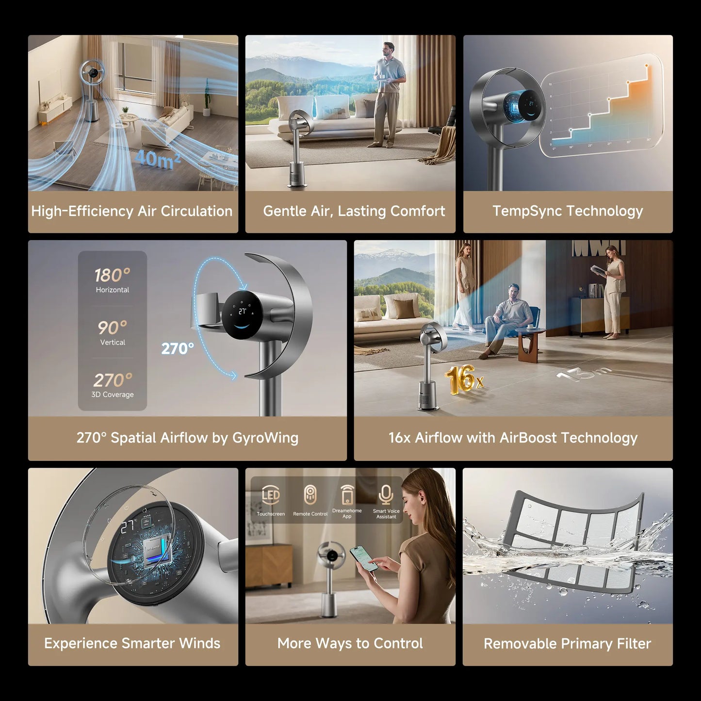 DREAME MF10 Bladeless Tower Fan for Bedroom, Smart Standing Fan with 270° Spatial Airflow for Whole-Room Circulation, 59Ft/S High Velocity, 10 Speeds 3 Modes, Temperature-Adaptive Airflow, Mf10-Beige