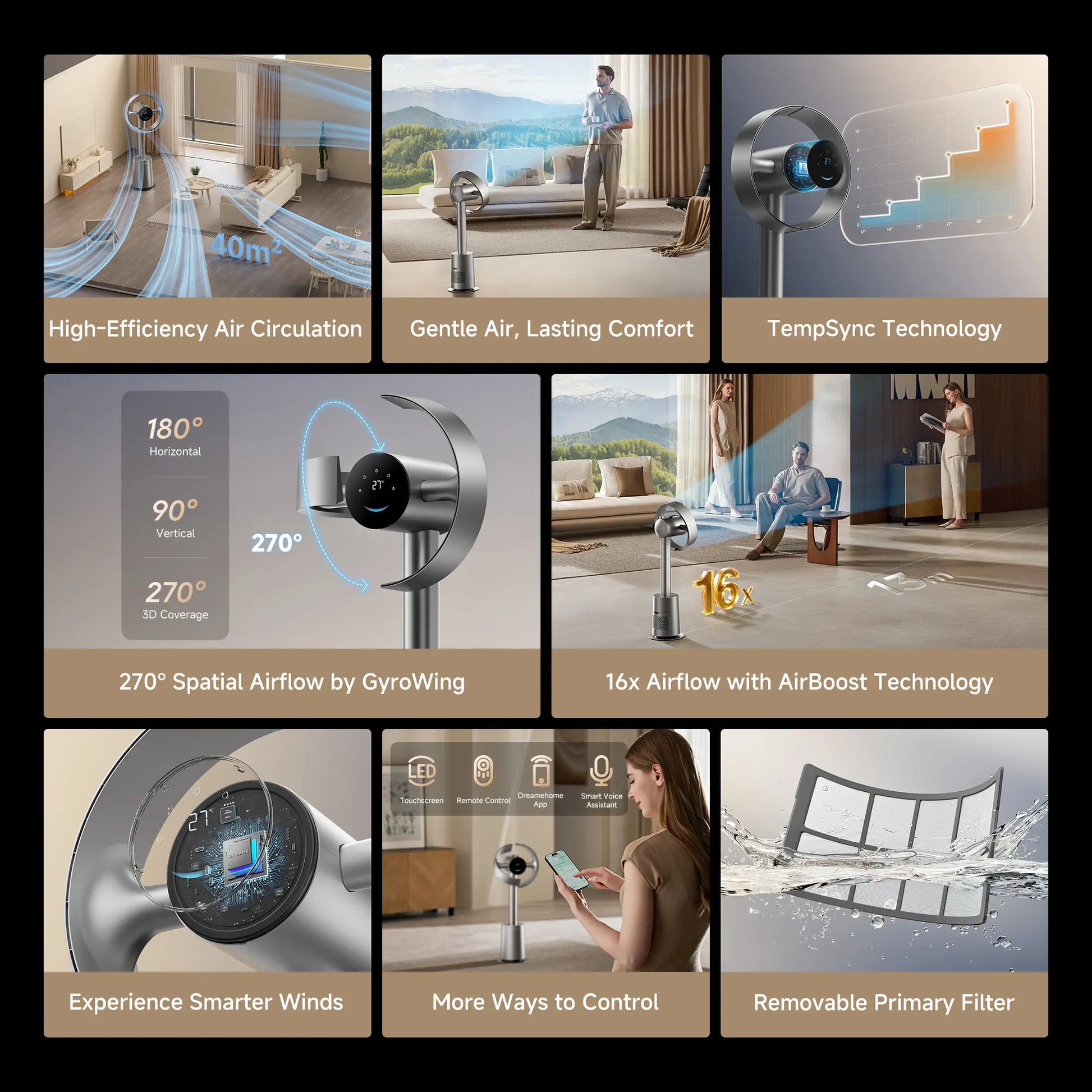 DREAME MF10 Bladeless Tower Fan for Bedroom, Smart Standing Fan with 270° Spatial Airflow for Whole-Room Circulation, 59Ft/S High Velocity, 10 Speeds 3 Modes, Temperature-Adaptive Airflow, Mf10-Beige