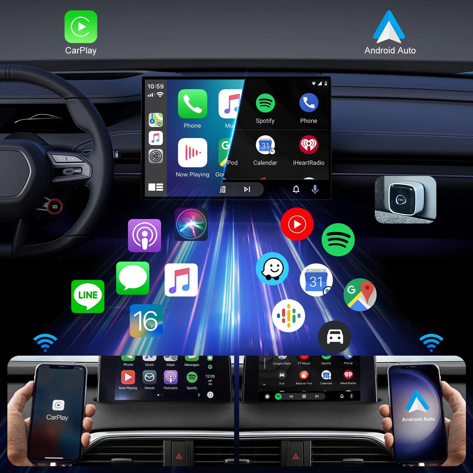 Mini Wireless Car Adapter, Car Plug & Play Adapter, Wired to Wireless Car Electronics Adapter, Compatible with Carplay