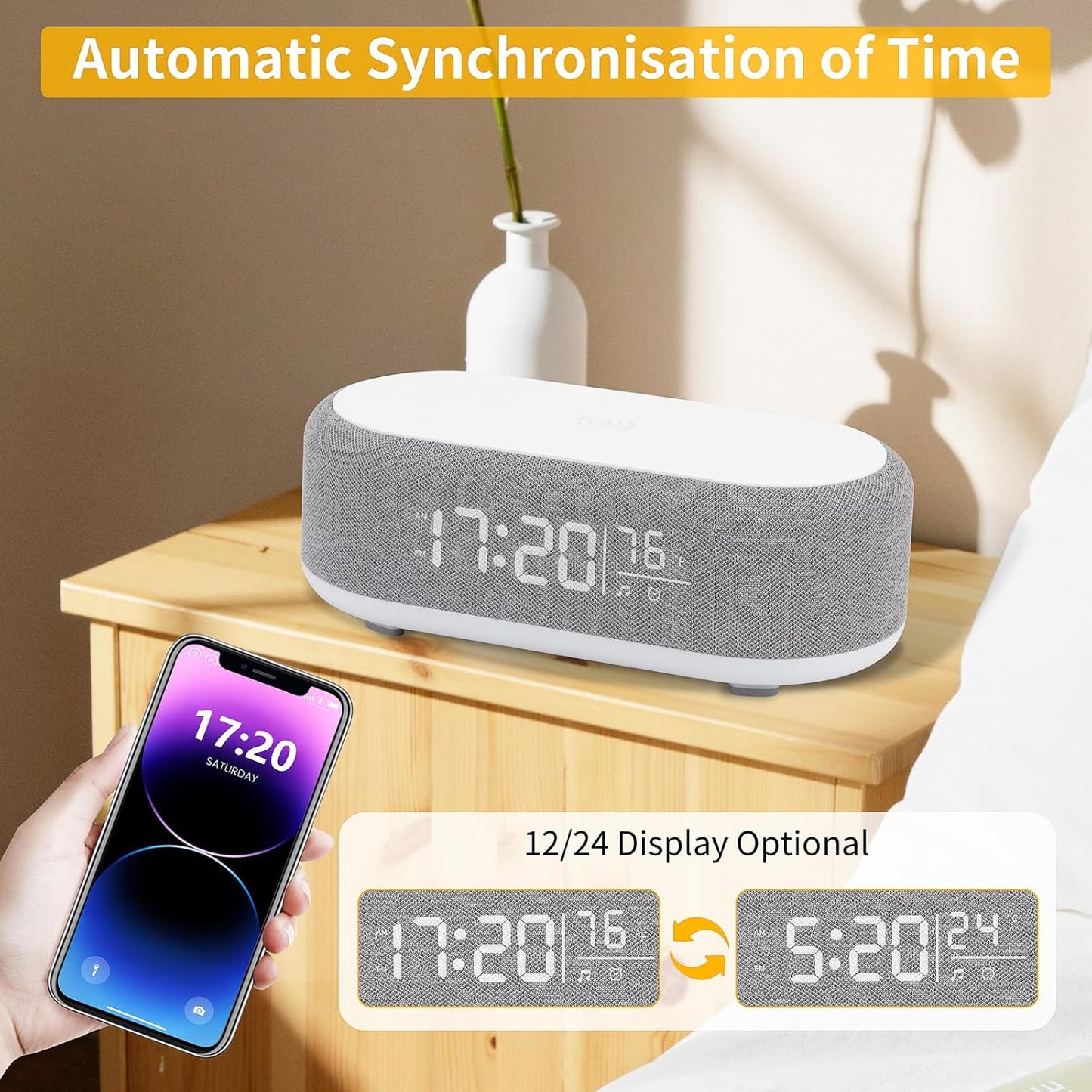 4-in-1 Alarm Clock with Wireless Charging, Speaker, Night Light, and Temperature Display – Personalized Sleep-Wake Routine for Heavy Sleepers (Gray)