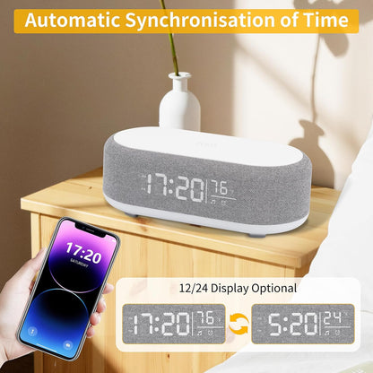 4-in-1 Alarm Clock with Wireless Charging, Speaker, Night Light, and Temperature Display – Personalized Sleep-Wake Routine for Heavy Sleepers (Gray)
