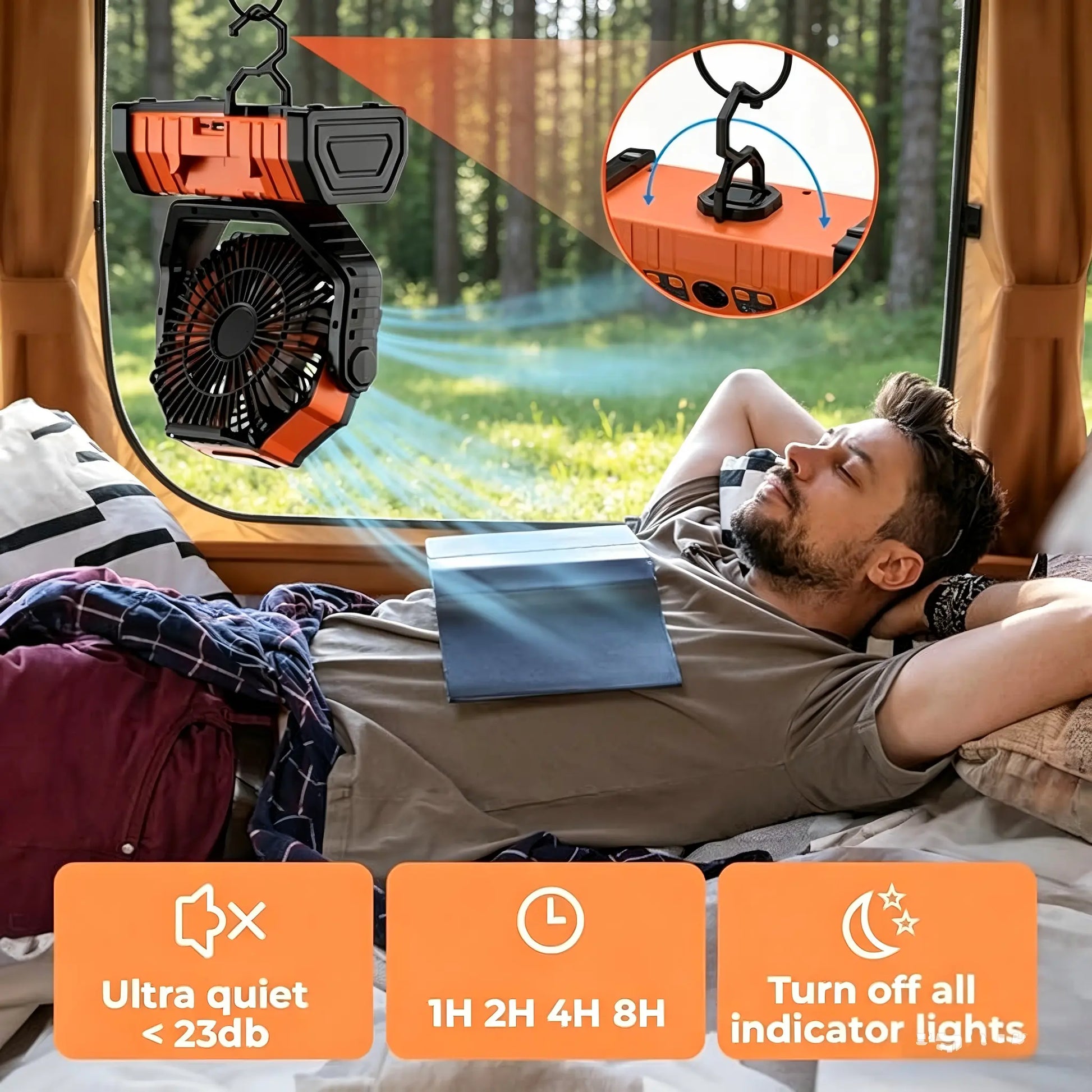 20,000 mAh Rechargeable Camping Fan with LED Light, Dual Motors, 4 Speed Settings, Remote Control, Hook, and Power Bank - Portable Solution for Emergencies and Outdoor Activities