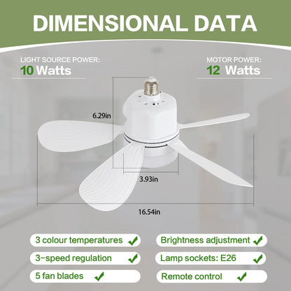 ASALL Remote-Controlled Socket Fan Light - Portable Ceiling Fan with Dimming Function, 1000 Lumens, Compatible with E26/E27 for Kitchen, Bedroom, and Living Room