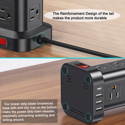 Level up your charging game! ⚡️ Power Strip Tower with 12 Outlets & 4 USB Ports + 6.5Ft Cord - Perfect for all your devices! 🖤🔌 #ChargingStation #SurgeProtector