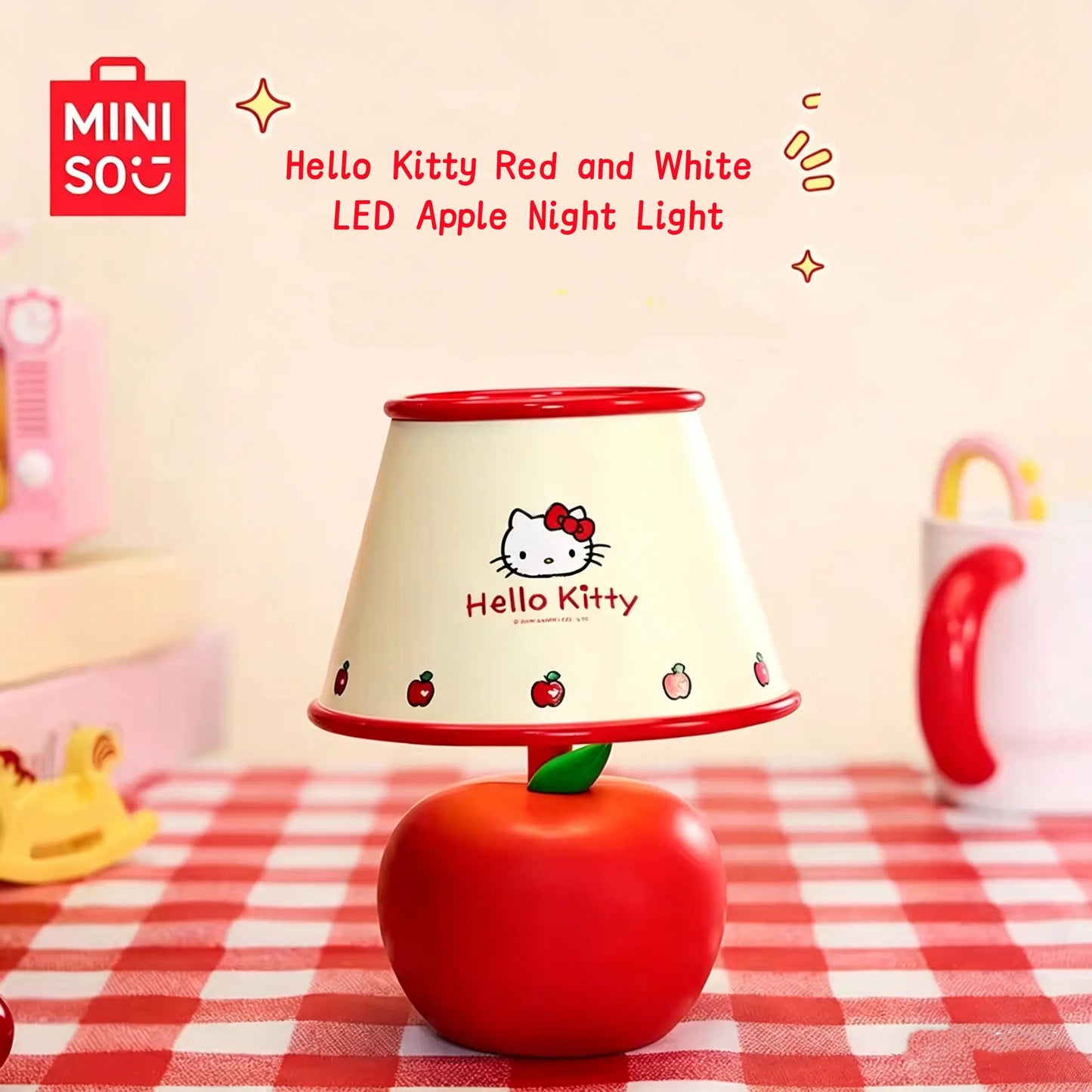 MINISO Hello Kitty Red & White Series LED Apple Night Light, HK Sweet Style LED Bedside Lamp, Cute Creative Bedside Lamp & Decorative Gift for Girls,#Summervibes