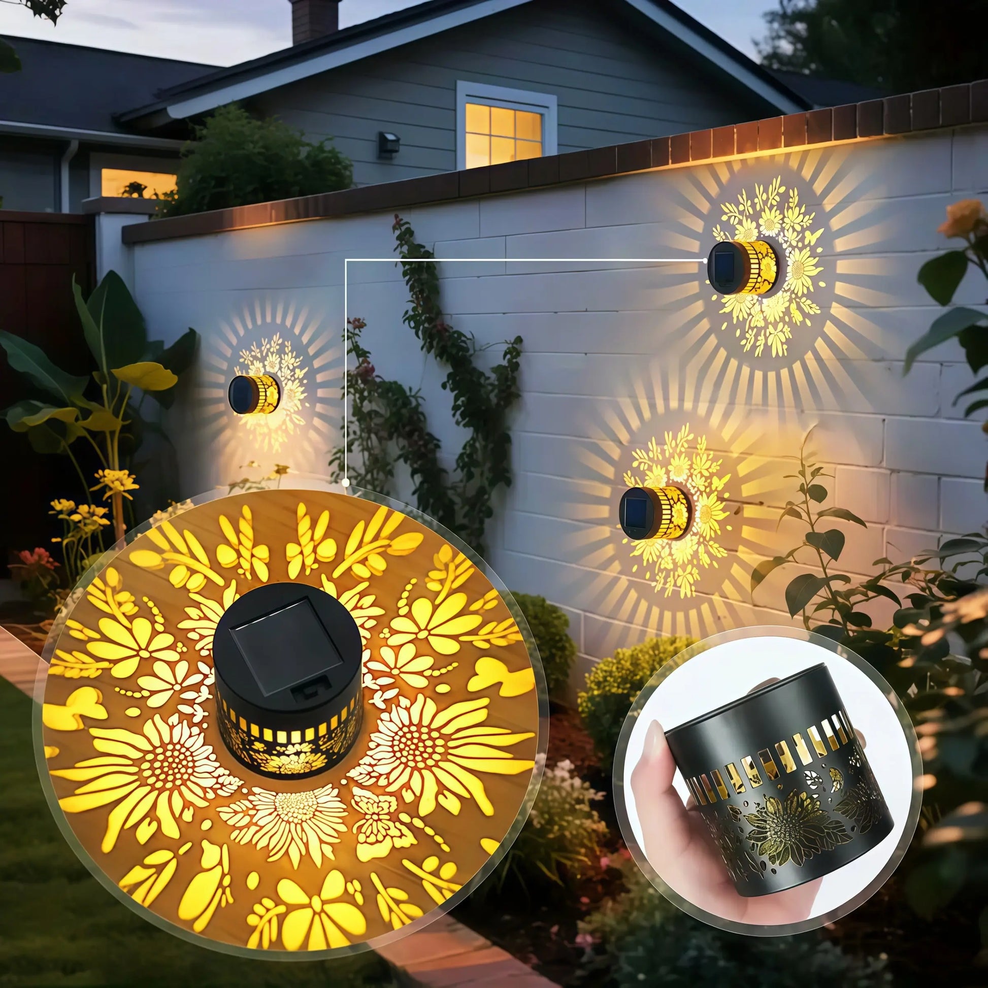 Solar Powered Outdoor Wall Lights, Warm Color Retro Hollow Design, LED Sunflower Shadow Lamp for Garden, Patio, Stairs, Christmas Decorations, Outdoor Pathway Light