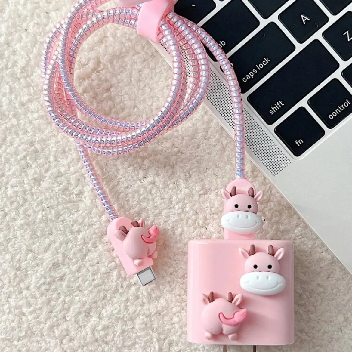 5 PCS Cute Pink Cow Decor Data Cable & Charger Head Protector Set for Electronics Durable Charging Protection