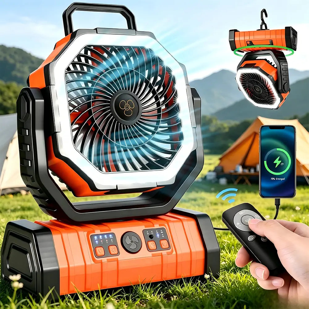 20,000 mAh Rechargeable Camping Fan with LED Light, Dual Motors, 4 Speed Settings, Remote Control, Hook, and Power Bank - Portable Solution for Emergencies and Outdoor Activities