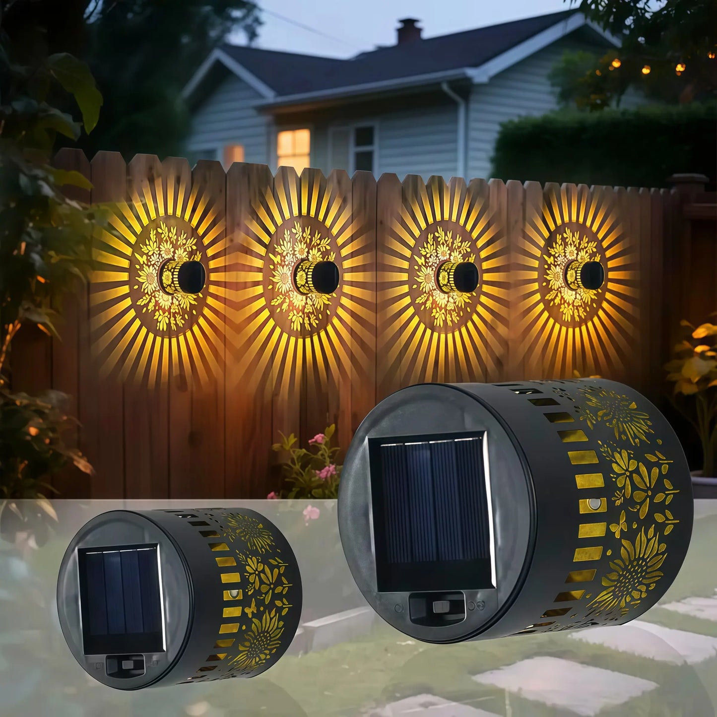 Solar Powered Outdoor Wall Lights, Warm Color Retro Hollow Design, LED Sunflower Shadow Lamp for Garden, Patio, Stairs, Christmas Decorations, Outdoor Pathway Light