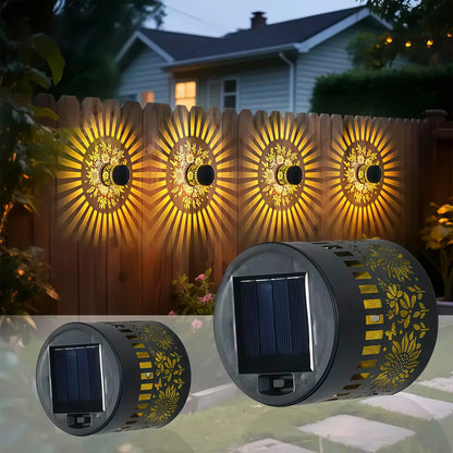 Solar Powered Outdoor Wall Lights, Warm Color Retro Hollow Design, LED Sunflower Shadow Lamp for Garden, Patio, Stairs, Christmas Decorations, Outdoor Pathway Light