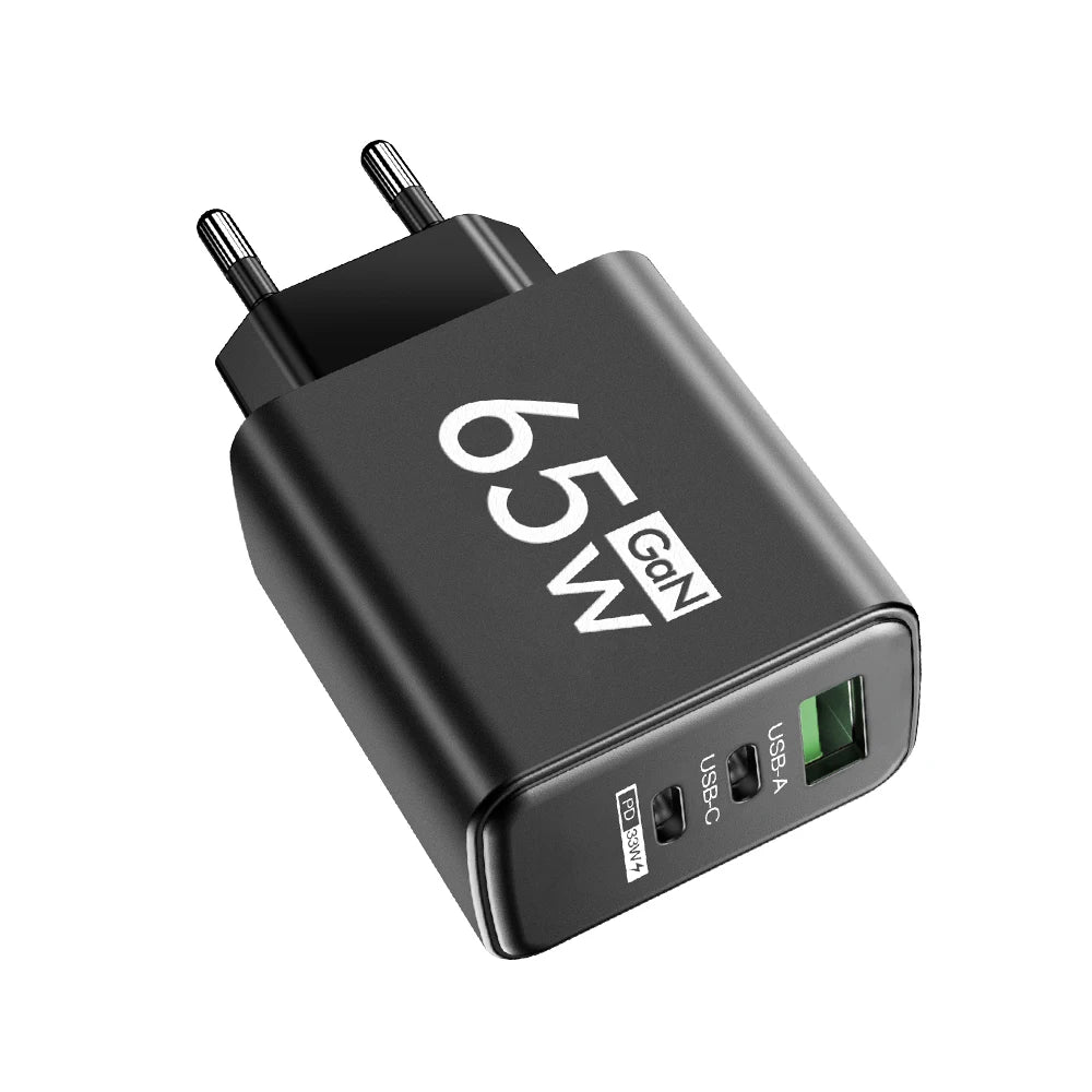Power Up Anywhere! ⚡️ 65W Gan USB C Fast Charger - 3-in-1 Multi-Port Quick Charge for iPhone, Samsung, Xiaomi & More! 🌍🔌 #TravelCharger #FastCharging