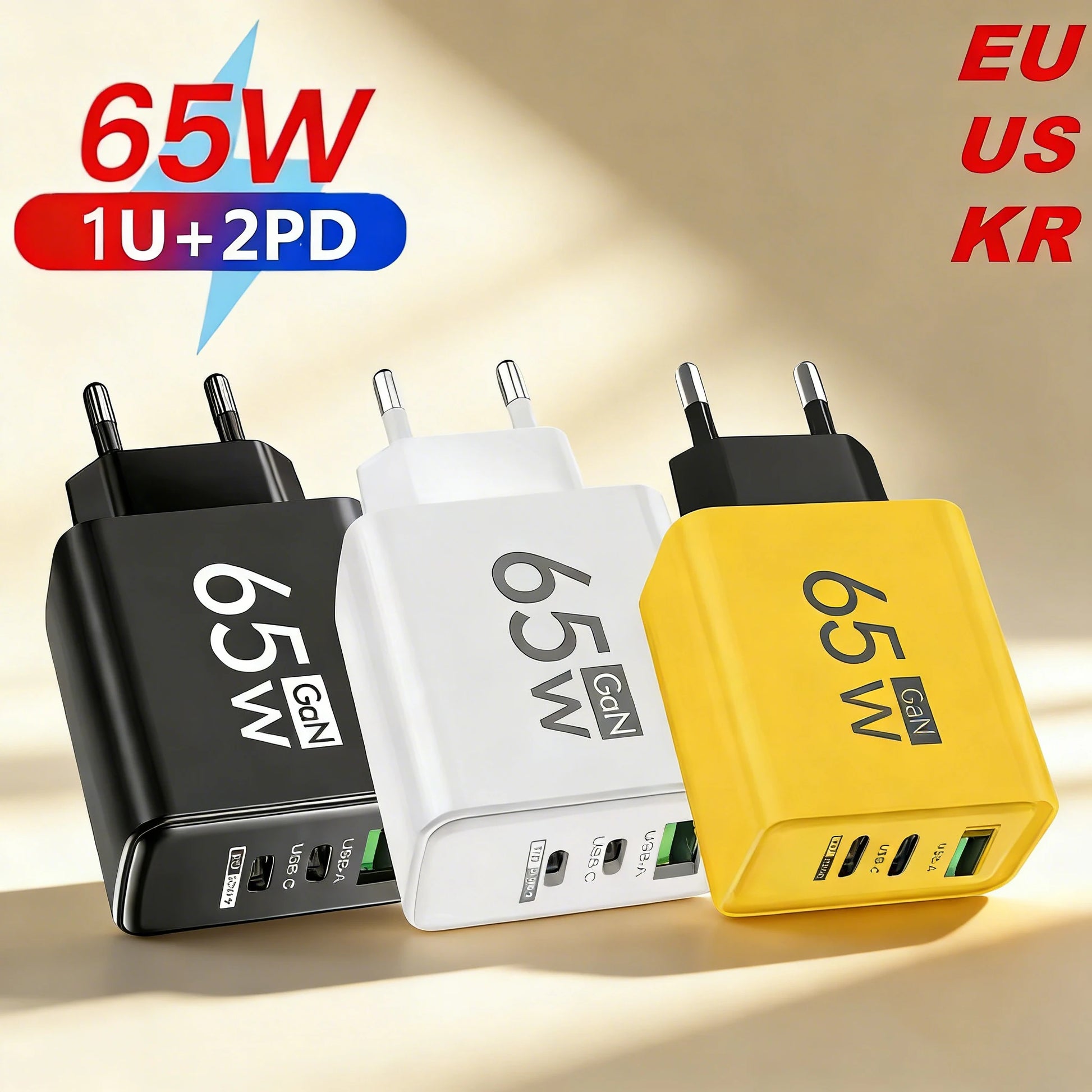 Power Up Anywhere! ⚡️ 65W Gan USB C Fast Charger - 3-in-1 Multi-Port Quick Charge for iPhone, Samsung, Xiaomi & More! 🌍🔌 #TravelCharger #FastCharging