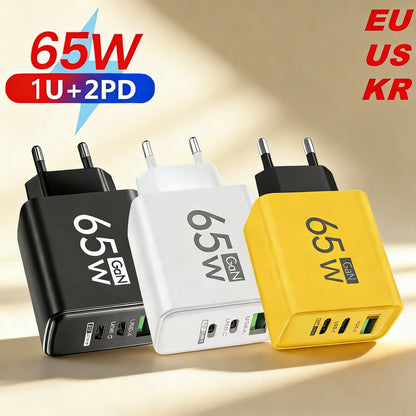 65W GaN 3-port USB-C fast charger for iPhone, Samsung, and Xiaomi devices