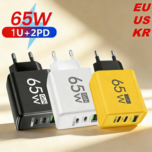 65W GaN 3-port USB-C fast charger for iPhone, Samsung, and Xiaomi devices