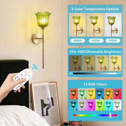 2-Pack Wireless Easy to Install Wall Sconces with Green Glass Shade Battery-Powered, Hardwired Indoor Wall Light Fixtures, Rechargeable RGB Magnetic Bulbs with Remote Control, 3 Temperatures for Living Room, Bedroom, Hallway, Dining Room