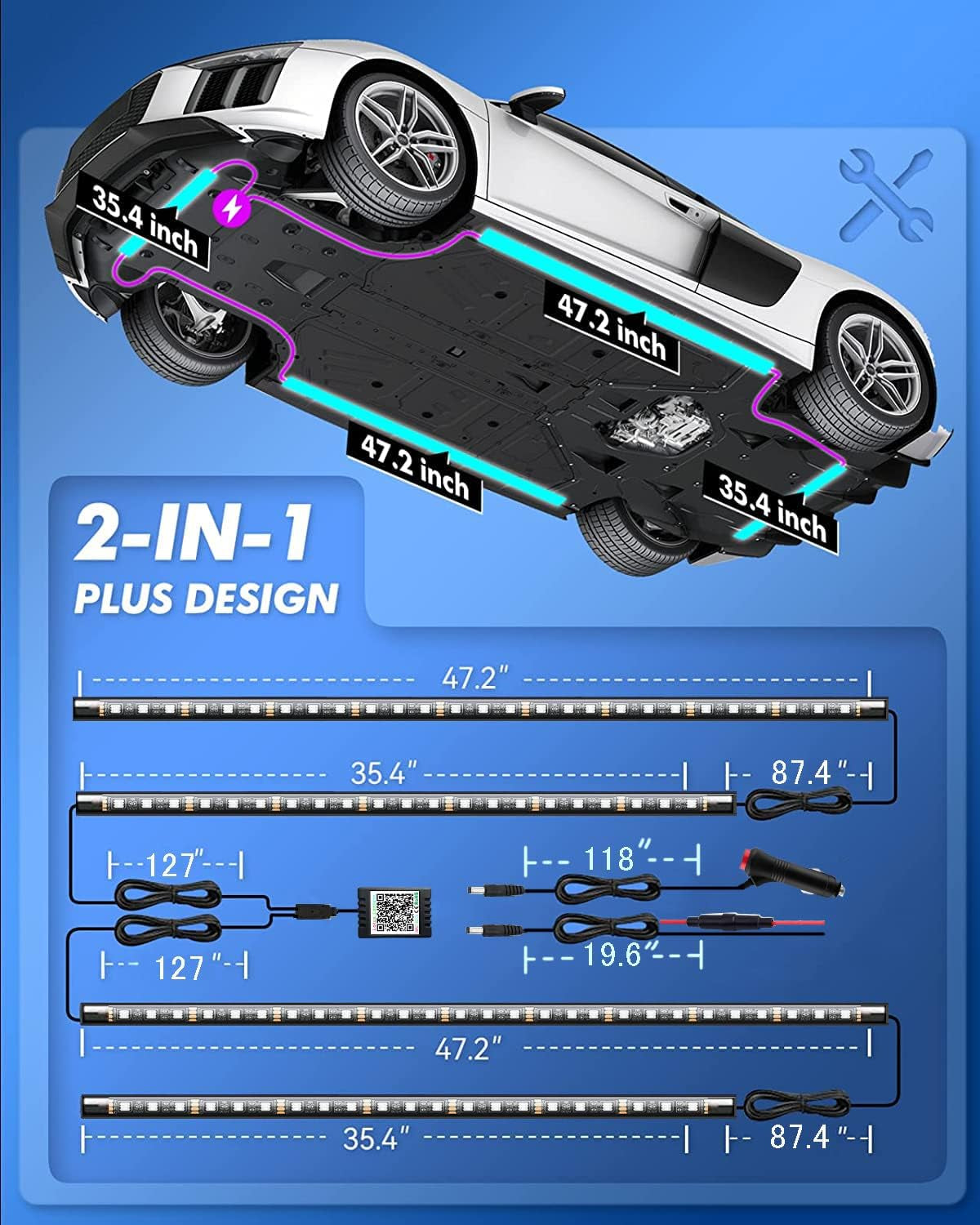 Car Underglow Lighting Kit - LED Underbody Lights with App and Remote Control, 16 Million RGB Colors, 29 Preset Modes, Music Sync and DIY Options, Suitable for SUVs and Trucks, DC 12V