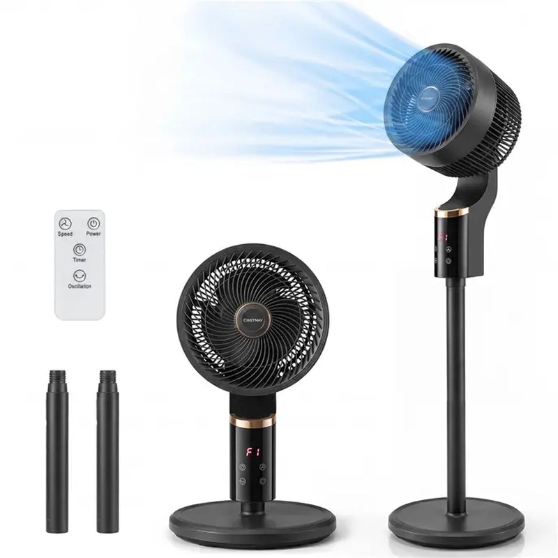 COSTWAY Pedestal Fan for Bedroom, Compact Oscillating Standing Fan with 70° Oscillation, 90° Tilt, 3 Adjustable Heights, 8 Speeds, 12H Timer & Remote, Quiet Table Fan for Home Office