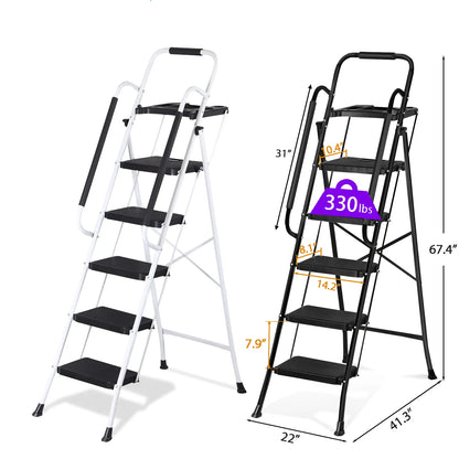 5 Step Ladder Folding Steel Step Stoo W/Non-Slip Wide Pedal and Tool Tray