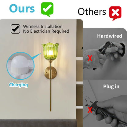 2-Pack Wireless Easy to Install Wall Sconces with Green Glass Shade Battery-Powered, Hardwired Indoor Wall Light Fixtures, Rechargeable RGB Magnetic Bulbs with Remote Control, 3 Temperatures for Living Room, Bedroom, Hallway, Dining Room