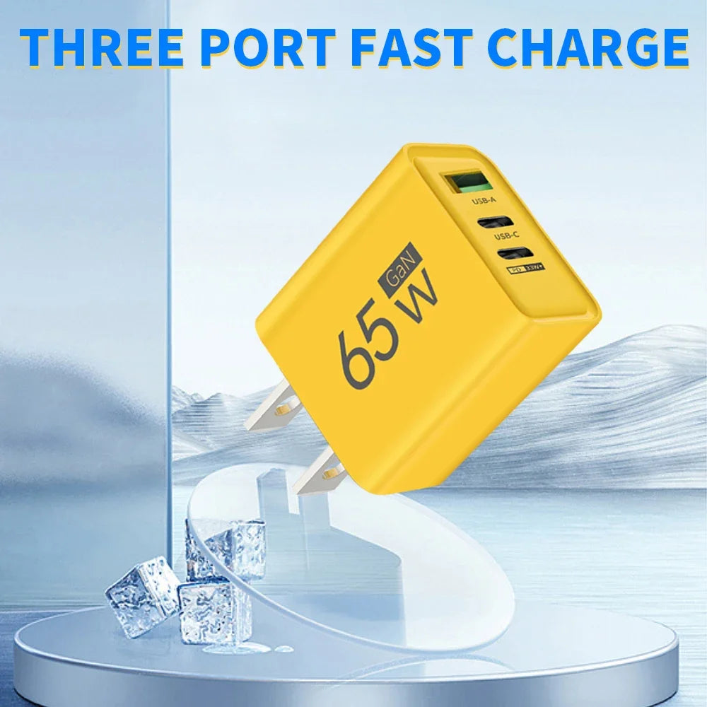 Power Up Anywhere! ⚡️ 65W Gan USB C Fast Charger - 3-in-1 Multi-Port Quick Charge for iPhone, Samsung, Xiaomi & More! 🌍🔌 #TravelCharger #FastCharging