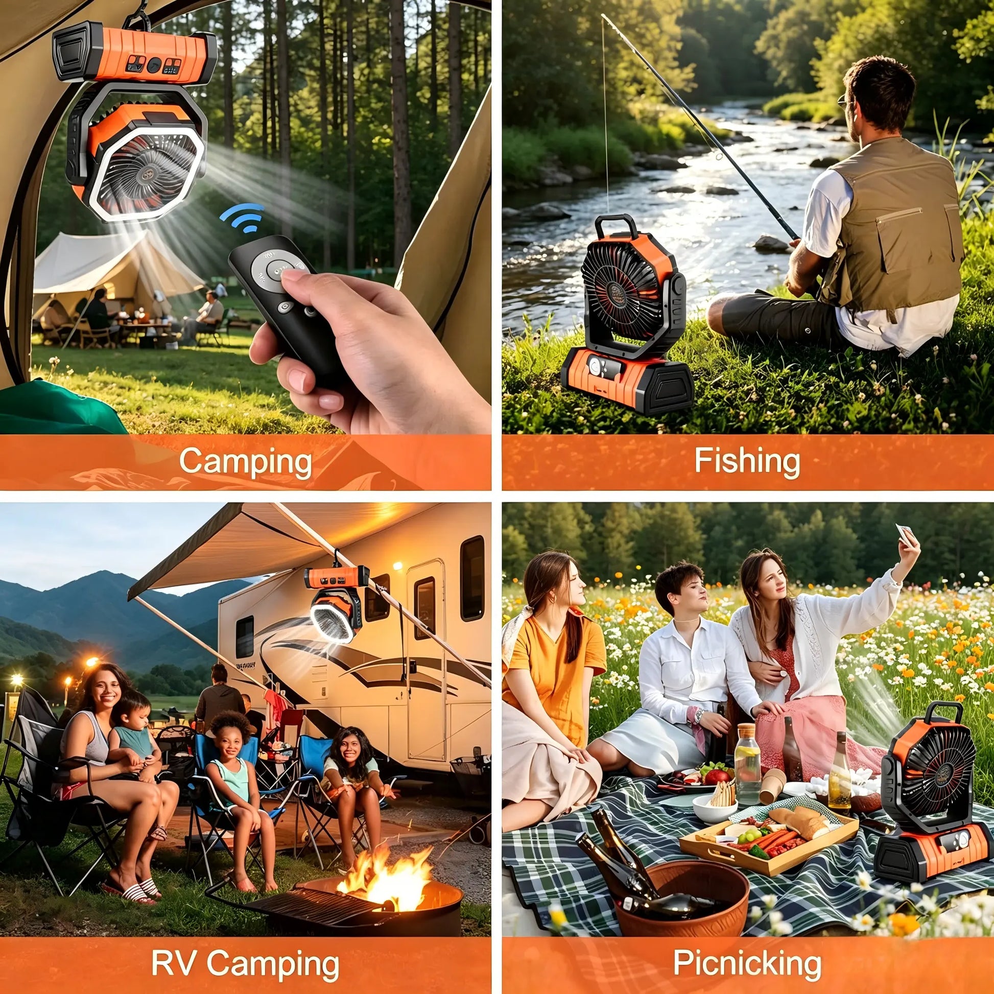 20,000 mAh Rechargeable Camping Fan with LED Light, Dual Motors, 4 Speed Settings, Remote Control, Hook, and Power Bank - Portable Solution for Emergencies and Outdoor Activities