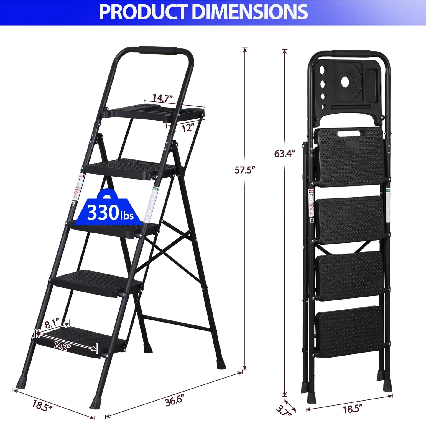 5 Step Ladder Folding Steel Step Stoo W/Non-Slip Wide Pedal and Tool Tray