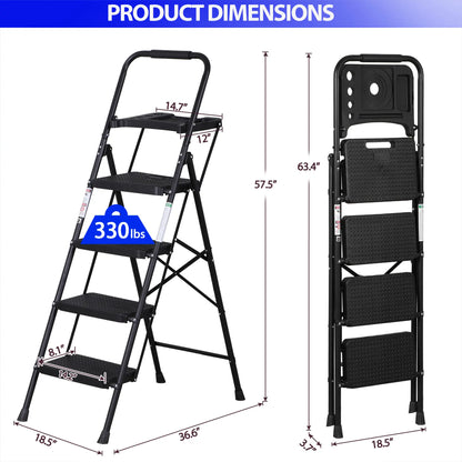 5 Step Ladder Folding Steel Step Stoo W/Non-Slip Wide Pedal and Tool Tray