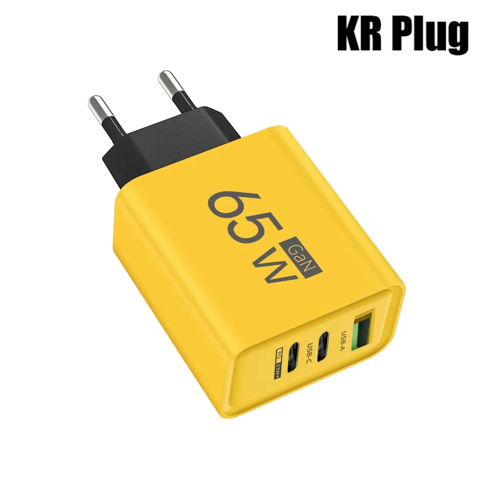 Power Up Anywhere! ⚡️ 65W Gan USB C Fast Charger - 3-in-1 Multi-Port Quick Charge for iPhone, Samsung, Xiaomi & More! 🌍🔌 #TravelCharger #FastCharging