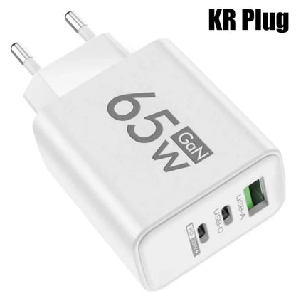 Power Up Anywhere! ⚡️ 65W Gan USB C Fast Charger - 3-in-1 Multi-Port Quick Charge for iPhone, Samsung, Xiaomi & More! 🌍🔌 #TravelCharger #FastCharging