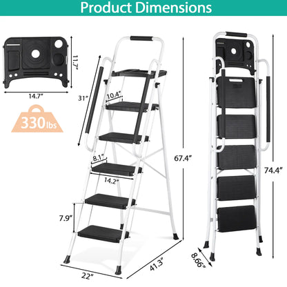 5 Step Ladder Folding Steel Step Stoo W/Non-Slip Wide Pedal and Tool Tray