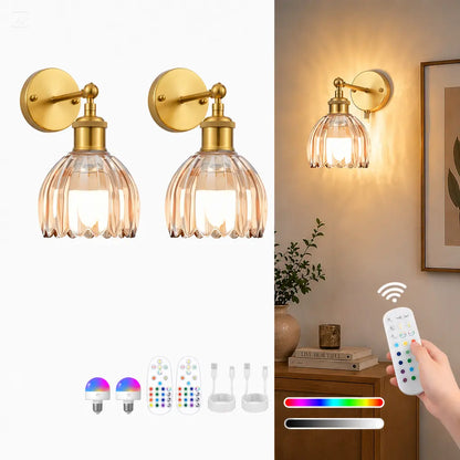 2-Pack Wireless Easy to Install Wall Sconces with Green Glass Shade Battery-Powered, Hardwired Indoor Wall Light Fixtures, Rechargeable RGB Magnetic Bulbs with Remote Control, 3 Temperatures for Living Room, Bedroom, Hallway, Dining Room