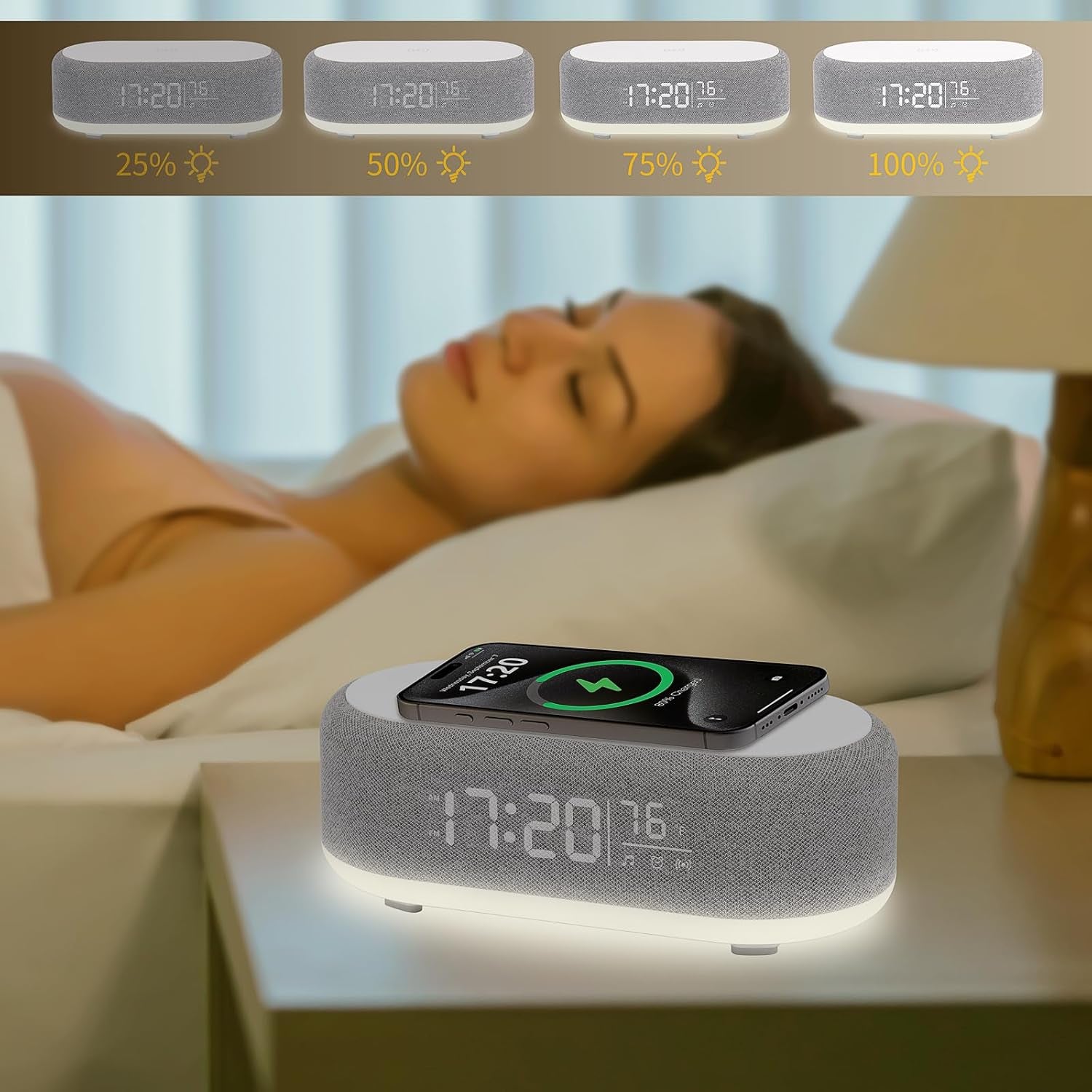 4-in-1 Alarm Clock with Wireless Charging, Speaker, Night Light, and Temperature Display – Personalized Sleep-Wake Routine for Heavy Sleepers (Gray)