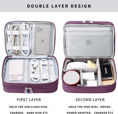 Purple travel cable organizer bag for chargers, cords, and electronics accessories