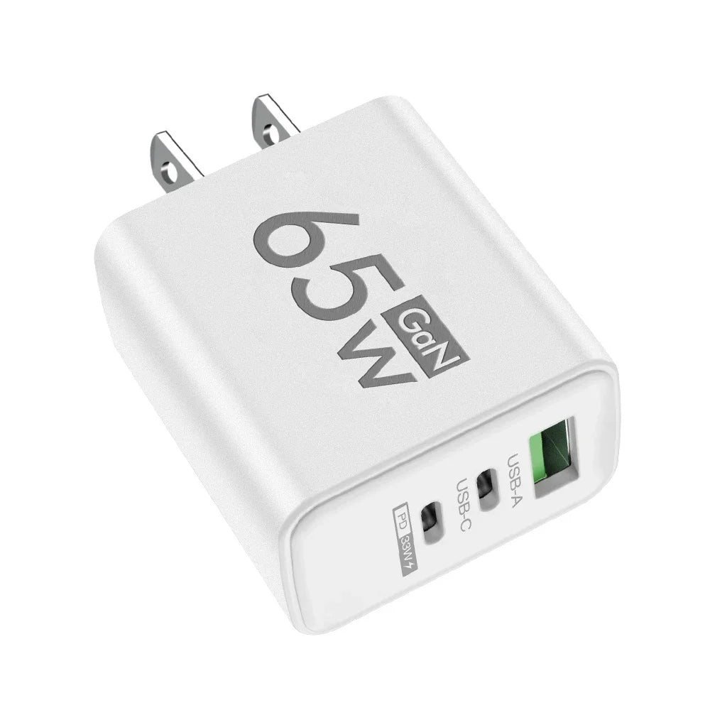 Power Up Anywhere! ⚡️ 65W Gan USB C Fast Charger - 3-in-1 Multi-Port Quick Charge for iPhone, Samsung, Xiaomi & More! 🌍🔌 #TravelCharger #FastCharging