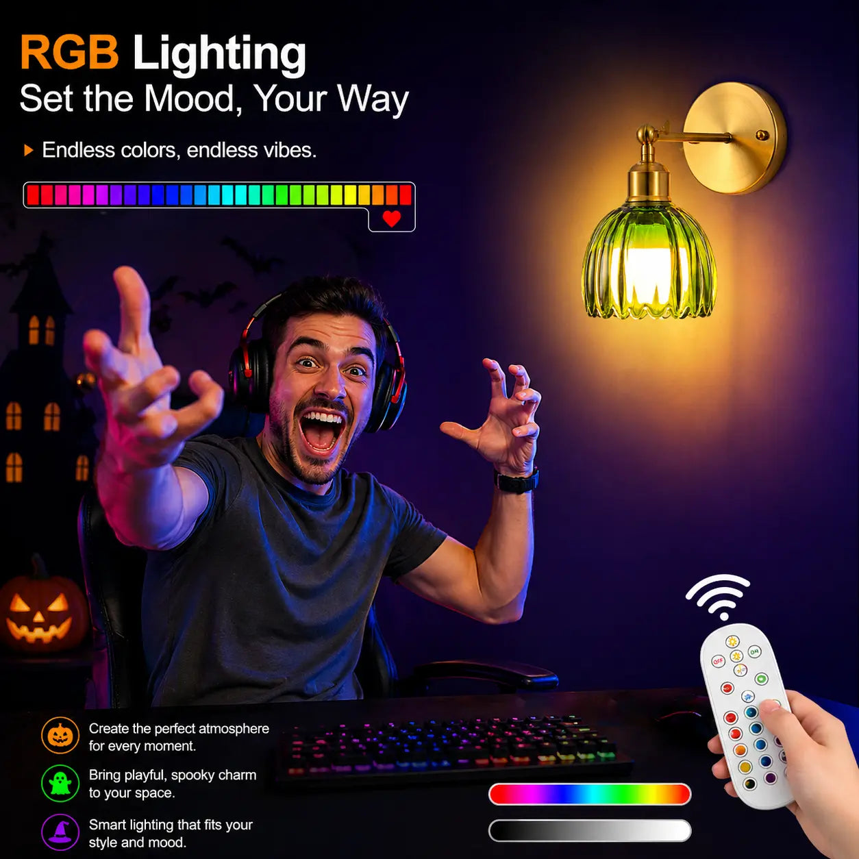 2-Pack Wireless Easy to Install Wall Sconces with Green Glass Shade Battery-Powered, Hardwired Indoor Wall Light Fixtures, Rechargeable RGB Magnetic Bulbs with Remote Control, 3 Temperatures for Living Room, Bedroom, Hallway, Dining Room